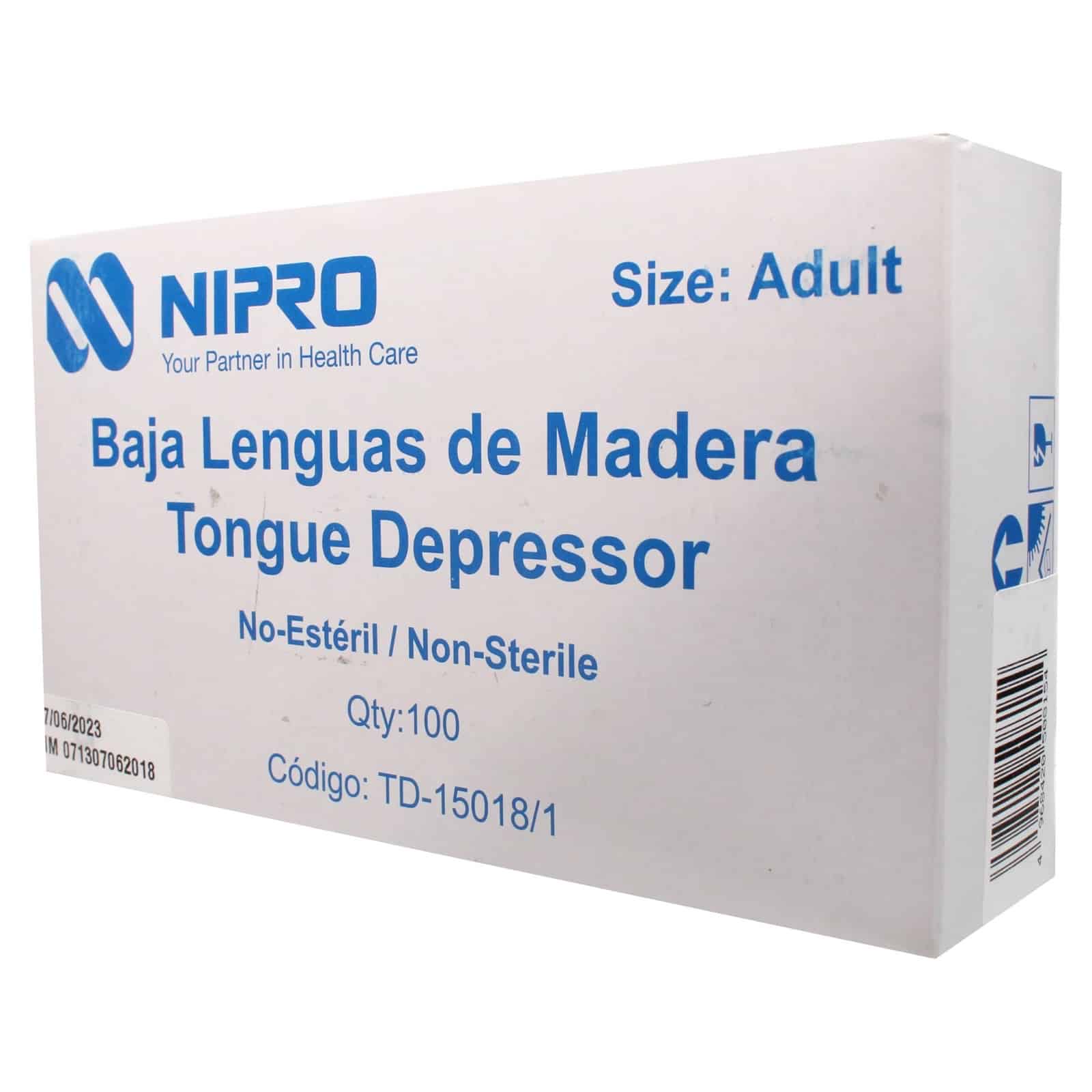 Bajalenguas Nipro para adulto, no estéril — caja de 100 unidades