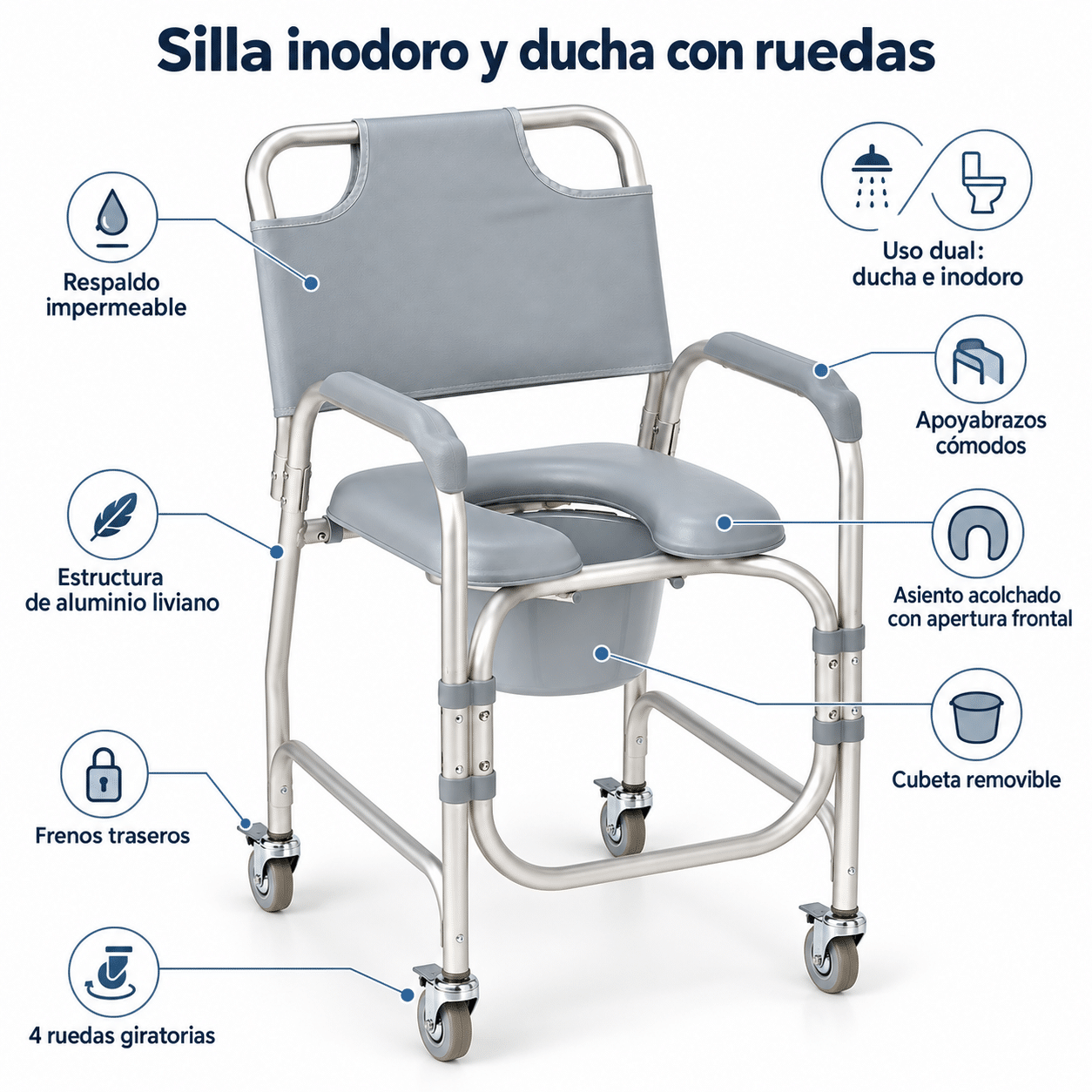 SILLA INODORO Y DUCHA CON RUEDAS DRIVE (11114KD-1) - Imagen 2